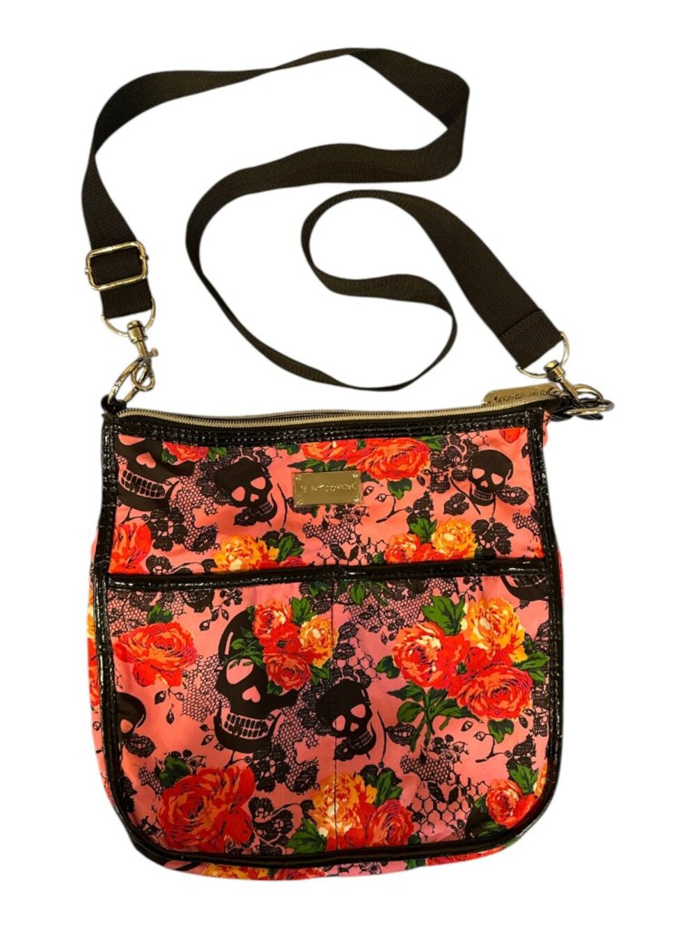 Betsey Johnson 11 x 11 Pink, Red, Green & Black Skull & Rose Crossbody Handbag